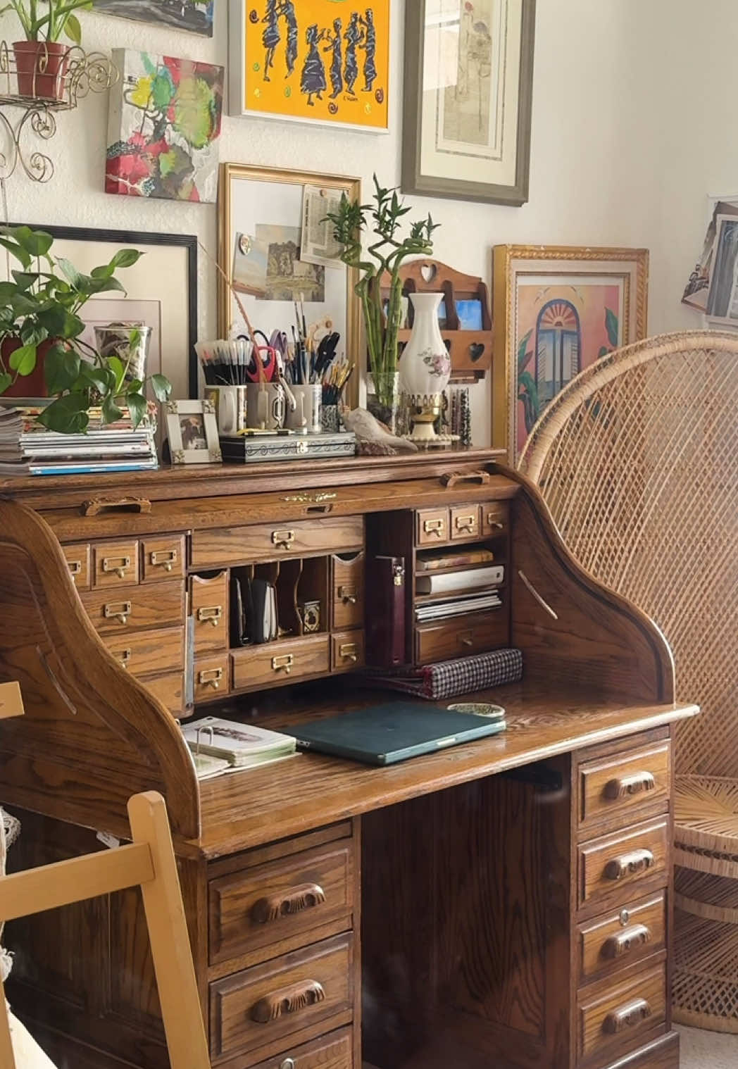 my new craft space!!!  #rolltopdesk #desksetup #vintagedesk #secretarydesk #thriftfinds   