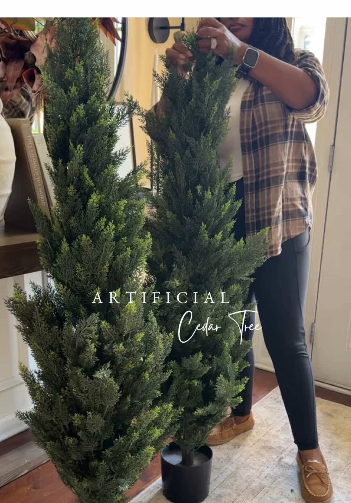 ✨Bringing cozy, year round greenery to my front porch with these new life like cedar trees 🌲  The branches are look so real and give the perfect welcoming vibe without any up keep♥️  #Home #porchdecor #flowers #fall #homedecor 