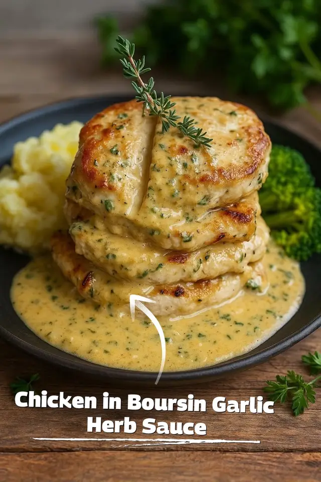 Chicken in Boursin Garlic Herb Sauce Ingredients: 4 boneless, skinless chicken breasts Salt & black pepper 2 tbsp olive oil 3 cloves garlic, minced 1 cup chicken broth 1 package (5.2 oz) Boursin cheese (Garlic & Fine Herbs) 1/2 cup heavy cream 1 tbsp Dijon mustard (optional) Fresh thyme or parsley Instructions: Season chicken, sear in olive oil until browned and cooked, 5-6 minutes per side. Remove. Add garlic to pan, sauté 1 minute. Pour in broth, scrape to deglaze; simmer briefly. Stir in Boursin cheese, cream, and Dijon. Return chicken, coat with sauce, simmer 3-5 minutes. Garnish and serve hot over potatoes, pasta, or rice. #EasyRecipe #DinnerGoals #fyp #chicken #healthyrecipes 