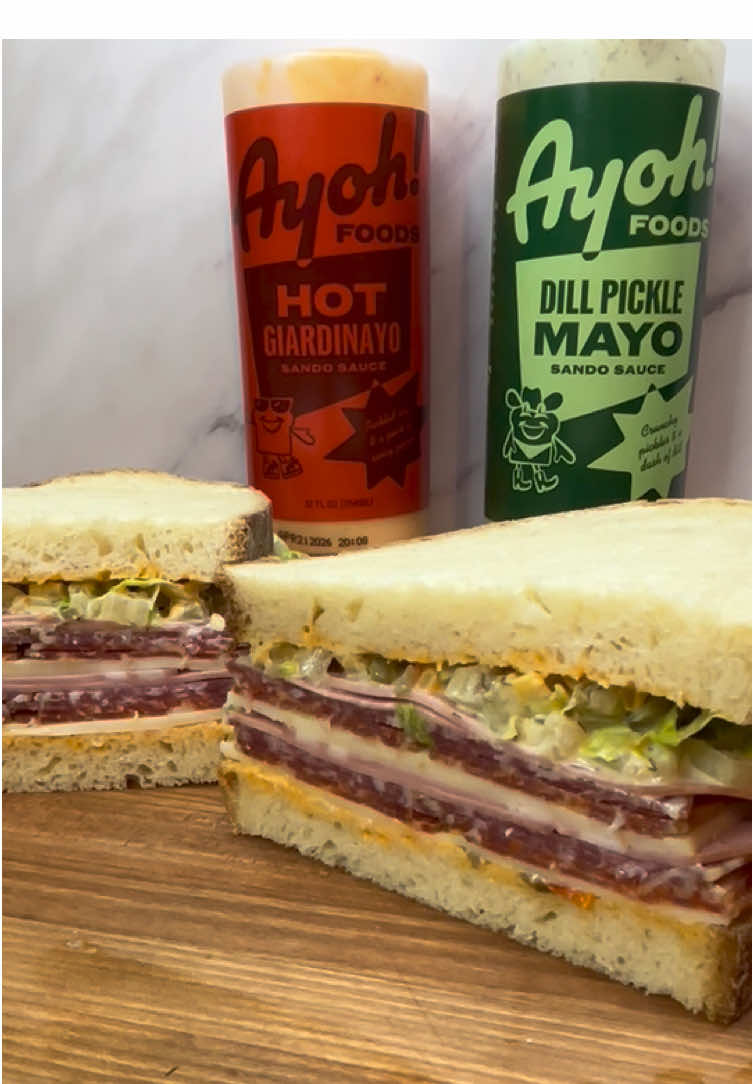 The ultimate Italian sandwich using @eatayoh Giardinayo. Think Giardiniera, Italian pickled carrots, celery, cauliflower, bell peppers and spices, but in a mayo with Calabrian peppers.  * Cage Free Eggs * Non GMO * Gluten Free #eatayoh #giardiniera #italiansandwich #sandwiches #mayonnaise  