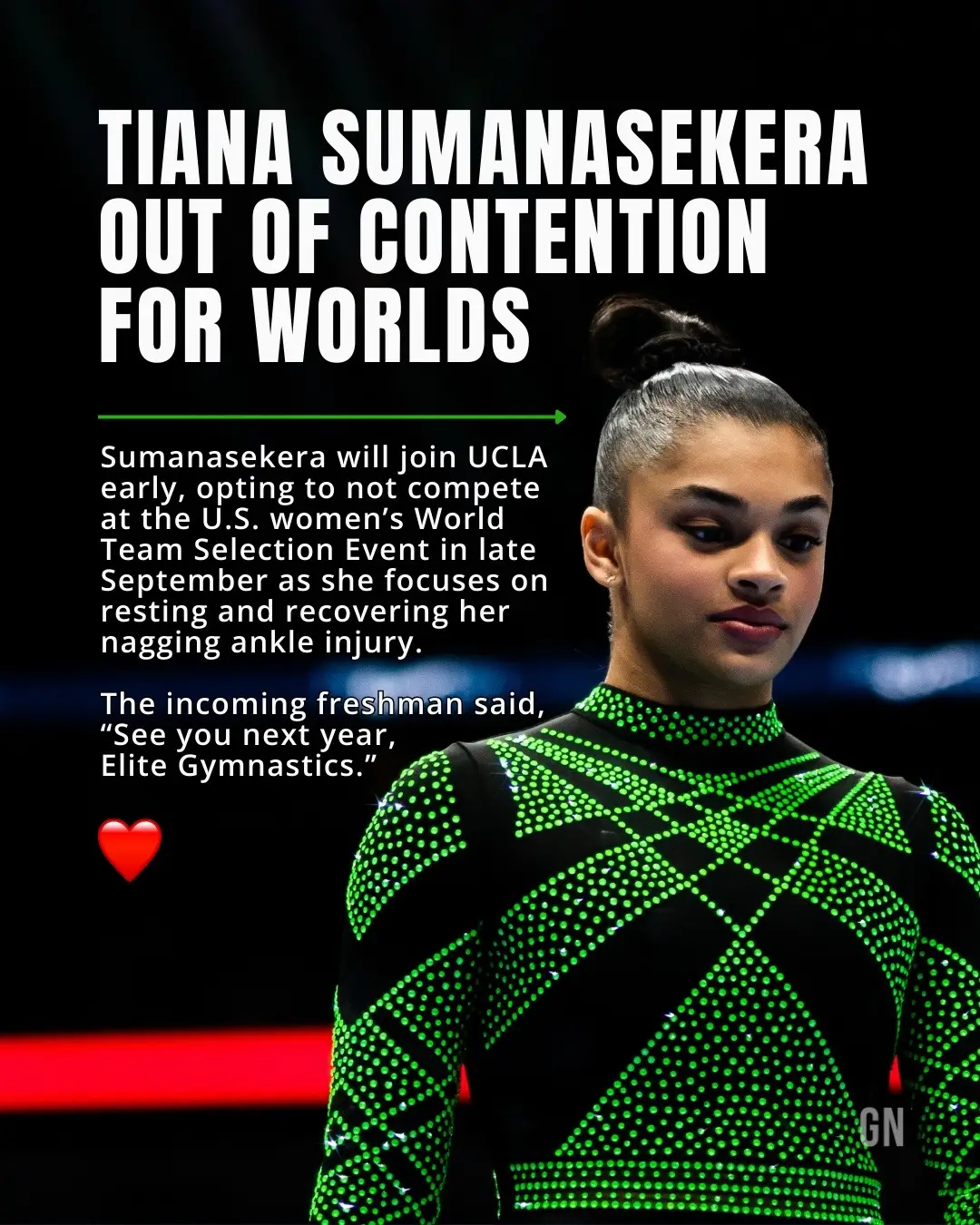 Tiana Sumanasekera is out of contention for the U.S. world team after deciding to focus on resting and recovering a nagging ankle injury.❤️‍🩹 The incoming college freshman will join UCLA early and says, “See you next year, Elite Gymnastics,” implying she’ll continue to train and compete both elite and #NCAAgym. Swipe to see Sumanasekera’s show-stopping first pass on floor. Fingers crossed 🤞🏻 she brings it to college!