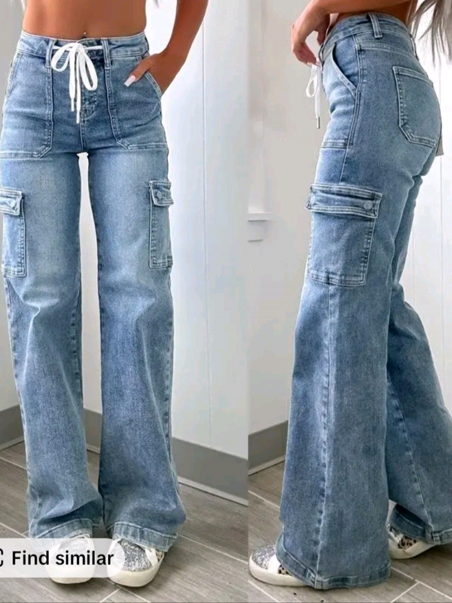 #tiktokshop#wow#Maomous 2025 New style women's leisure straight-leg jeans with laces and multiple pockets. Casual Fashion Denim Fabric sweatpants jeans Fit Womenswear