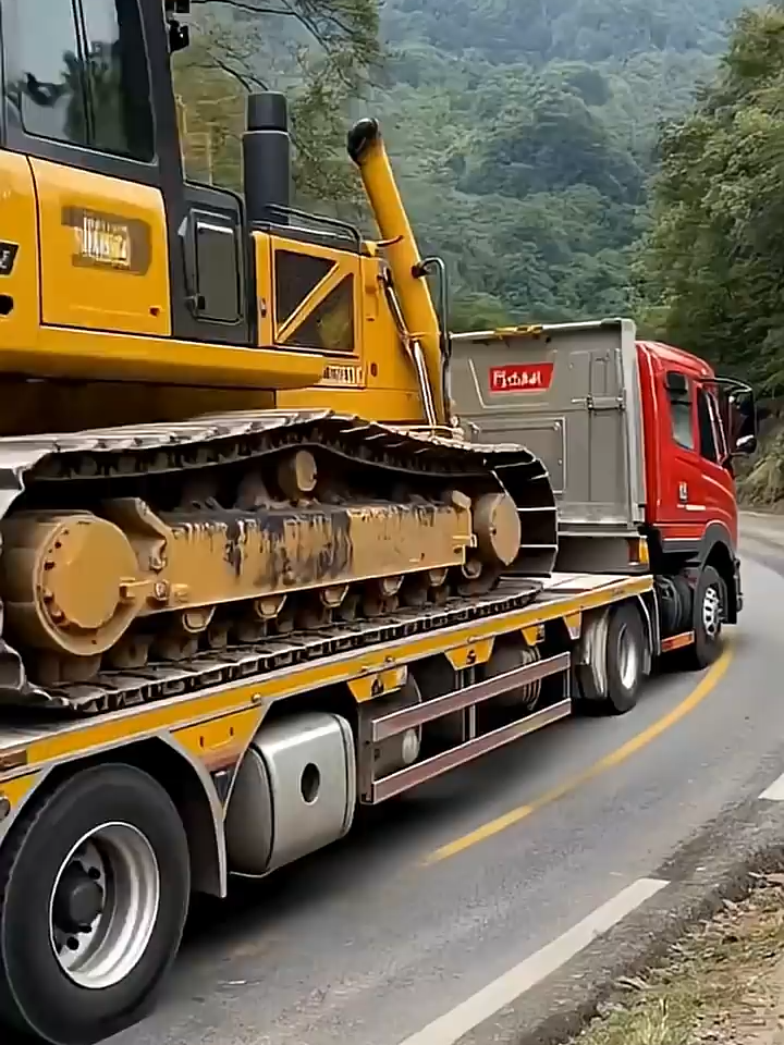 Flatbed Truck Carrying Massive Excavator Overturns on Steep Mountain Road #shorts