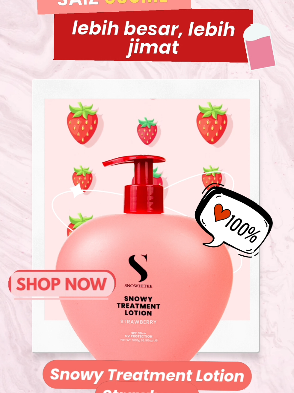 Snowy Treatment Lotion Strawberry 🍓 melegakan dan memperbaiki kulit yg kering dan sensitif. #anowhiteehq #kulitsensitif #kulitkering #luluskkm #dermatologytested 