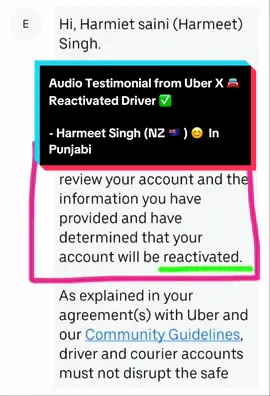Audio Testimonial from Uber X 🚘 Reactivated Driver ✅  - Harmeet Singh (Auckland, NZ 🇳🇿 ) 😊 In Punjabi  Link in the Bio 👆for Uber Account Reactivation Help ✅   #uber #lyft #doordash #uberaccountreactivation #uberdriving      
