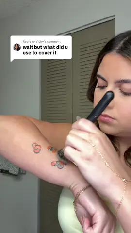 Replying to @Vicky hope this helps 🤭 Prob don’t need two different foundations but I’m extra careful & this is what worked for me!  -Elf color corrector  -Huda loose powder -expired KVD good apple foundation (LOL) -dermablend  -physicians formula bronzer because I got a tan & the foundation didn’t match my arm anymore  -Mehron setting spray (STAR OF THE SHOW TBH) this is what gives it the waterproof/smudgeproof film #tattoocoverup #tattoo #fyp #makeup 