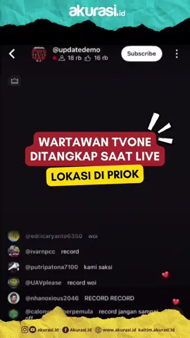 Wartawan TV One ditangkap saat live kejadian demo di Priok. Perlu diketahui di Indonesia, perlindungan pers diatur dalam UU No. 40 Tahun 1999 tentang Pers. Isinya menegaskan: 1. Pers bebas dari sensor & tekanan. 2. Wartawan berhak mencari dan menyebarkan informasi. 3. Mendapat perlindungan hukum saat bertugas. 📸 : Dok. Istimewa Baca selengkapnya, di link bio. Jangan lupa follow Instagram Akurasi.id untuk berita menarik lainnya. #akurasiid #tvone #pers #demo #viral