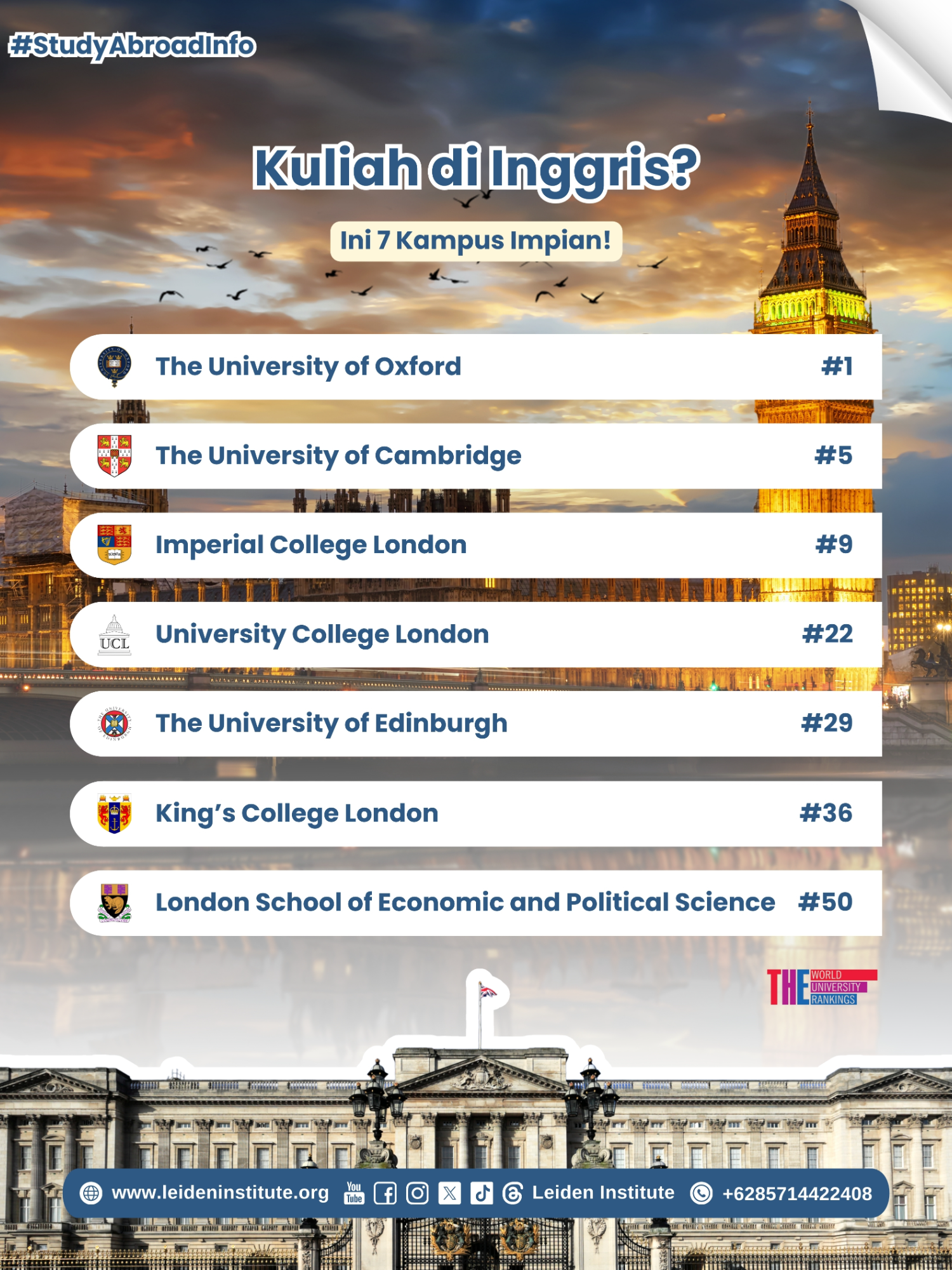 🇬🇧 Punya mimpi kuliah di Inggris? Siapa sih yang nggak kenal Oxford, Cambridge, sampai LSE? 🤩 Nah, ini dia 7 universitas terbaik di UK yang jadi incaran mahasiswa dari seluruh dunia! 🎓🇬🇧 Slide ➡️ buat lihat kampus mana aja yang masuk daftar. Siapa tahu salah satunya jadi tujuan kuliahmu berikutnya 😉 💬 Kampus mana yang jadi dream university versi kamu? Drop di kolom komentar ya! #LeidenInstitute #StudyAbroad #KuliahLuarNegeri #UKUniversity #Oxford #Cambridge #LSE #StudyinUK