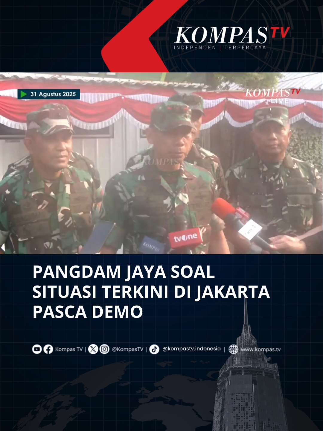 Pangdam Jaya Mayjen TNI Deddy Suryadi mengatakan pihaknya membantu Polri untuk mengamankan wilayah kota Jakarta dan sekitarnya. Terutama fasilitas-fasilitas umum. Hal ini disampaikan Pangdam Jaya di Jakarta pada Minggu (31/8/2025). Pangdam juga menegaskan bahwa jika ada tindakan-tindakan anarkis maka akan ditindak tegas. “Kita tidak boleh kalah ya sama kelompok-kelompok yang mau mengadu domba, mau memecah belah,” ujar Deddy. Deddy mengatakan saat ini kondisi Jakarta pada hari Minggu dalam kondisi kondusif. Catatan Redaksi:  Setiap warga negara berhak menyuarakan pendapatnya. Namun, kebebasan berpendapat harus dilakukan secara damai, tertib, serta jangan terprovokasi untuk melakukan pengerusakan dan penjarahan. #SalingJagaIndonesia Tuliskan komentarmu dan dapatkan berita terkini lainnya di www.kompas.tv serta youtube.com/kompastv #SOROTKompasTV #TikTokBerita