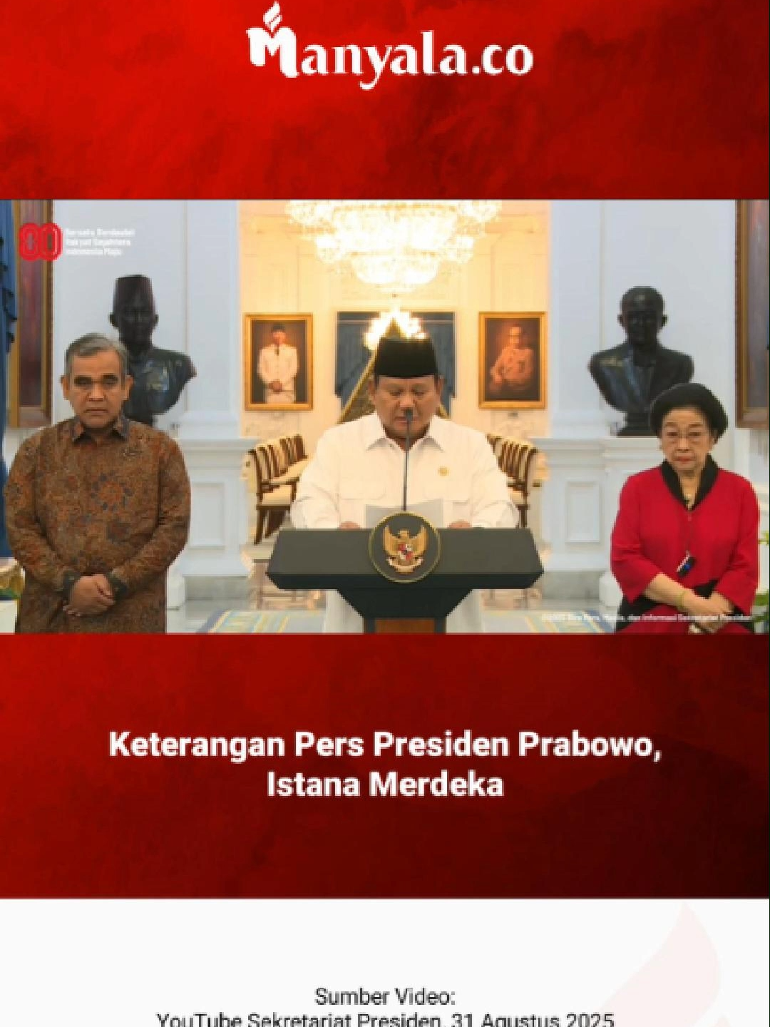 Presiden Prabowo Subianto menggelar konferensi pers pada Minggu (31/8/2025) guna menanggapi merespons situasi terkini di Tanah Air. . Ia menegaskan bahwa Indonesia tetap menjunjung kebebasan dan keterbukaan dalam penyampaian aspirasi masyarakat serta komitmen lindungi Rakyat . Pernyataan itu disampaikan Prabowo di tengah gelombang aksi demonstrasi nasional yang berlangsung sejak 25 Agustus. . #beritaterkini #unjukrasa #dpr #manyalamedia #manyaladotco #indonesia🇮🇩 #demokrasi #prabowo #prabowosubianto