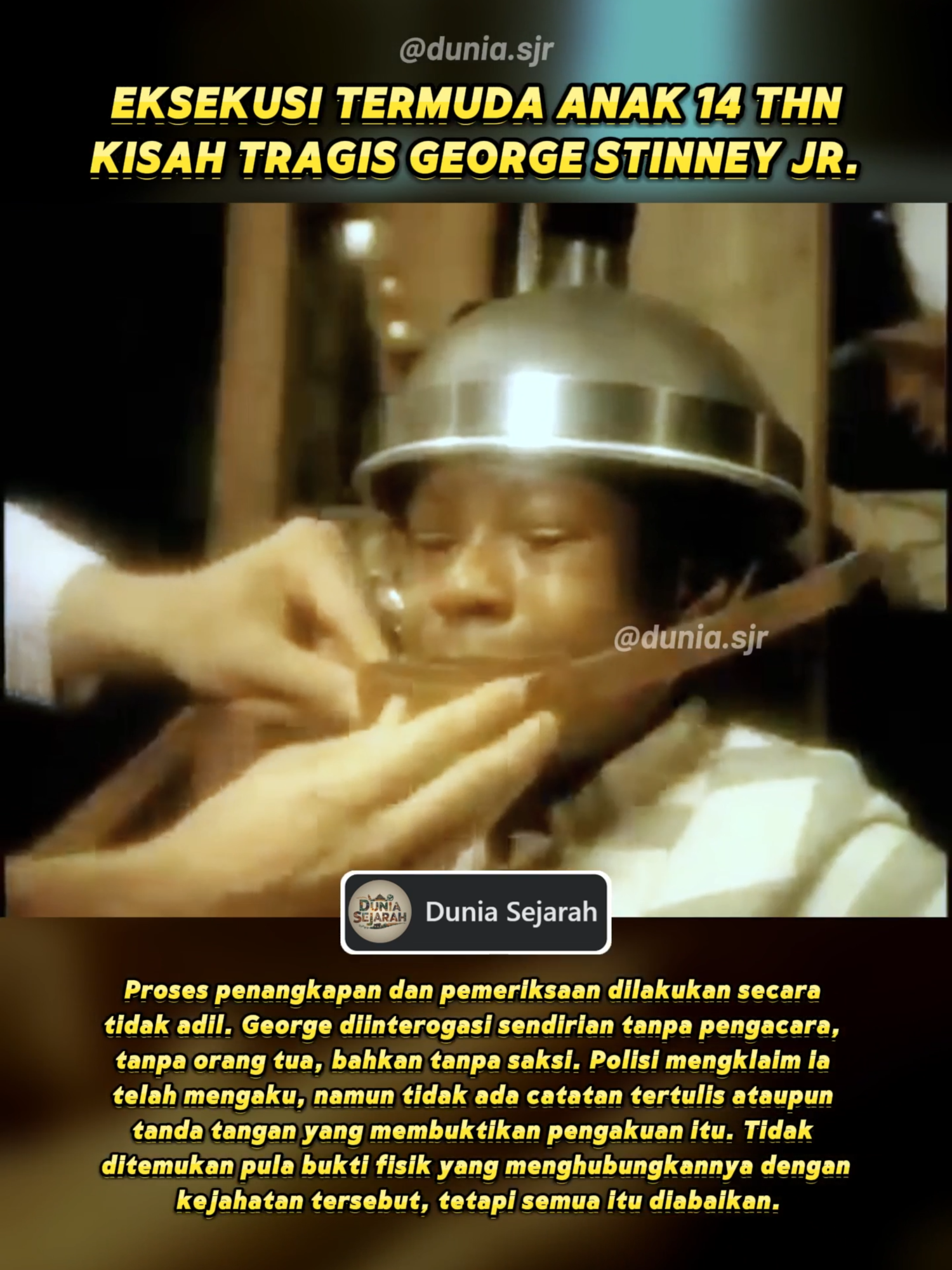 George Stinney Jr., seorang anak berusia 14 tahun dari South Carolina, menjadi korban eksekusi termuda di kursi listrik pada tahun 1944 setelah divonis bersalah dalam persidangan yang cacat hukum, tanpa bukti kuat, tanpa pengacara, dan tanpa pembelaan yang adil. kisah tragis ini kini dikenang sebagai simbol ketidakadilan dan rasisme paling kelam dalam sejarah Amerika. #GeorgeStinney #KisahTragis #EksekusiTermuda #SejarahKelam #HumanRights #Keadilan #StopRasisme #SejarahDunia #JusticeForGeorge #Injustice