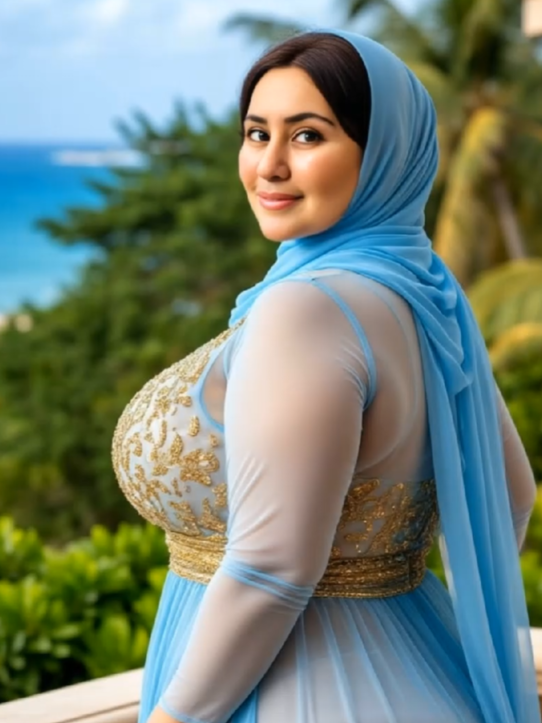 Ocean Breeze & Pure Joy! 🌊😊 Hey everyone! I’m on cloud nine today, enjoying this breathtaking view of the ocean from this stunning balcony surrounded by palm trees—total paradise! Wearing this elegant light blue dress with golden embroidery and a matching hijab, I feel like a princess. The fresh breeze and sunny skies are lifting my spirits, and I’m loving every second. Life is beautiful, and I’m sending all of you tons of happiness and good vibes—let’s keep shining! 🌸 Do you like this elegant blue and gold style, or should I try something new? Tell me in the comments! 💃 #HappyVibes #OceanLove #JoyfulLiving #SpreadHappiness 