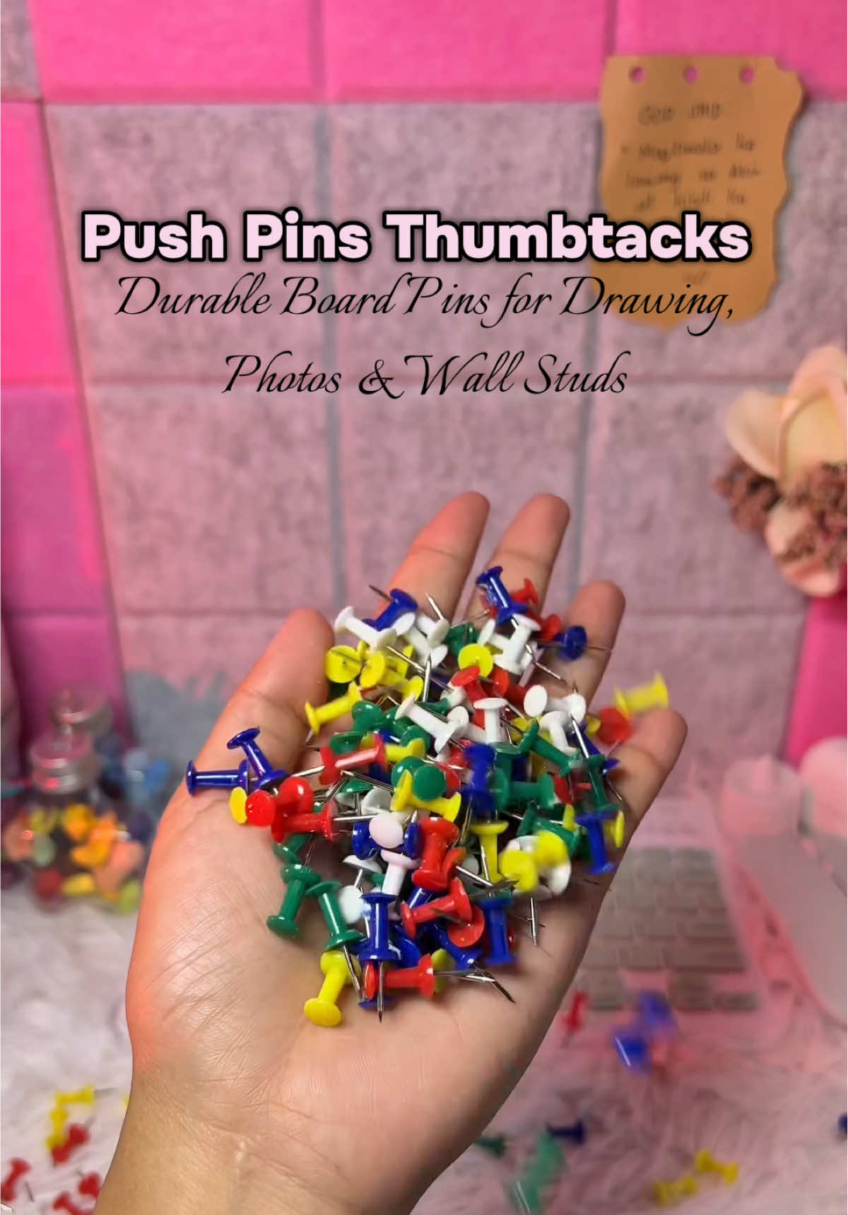 Push Pins Thumbtacks – Durable Board Pins for Drawing, Photos & Wall Studs.                                                       Keep your ideas, notes, and memories in place with these strong and reliable push pins! Perfect for photo walls, bulletin boards, office, and school use. #pushpins #thumbtacks #boardpins #photowall #bulletinboard                      (FREE SAMPLE)