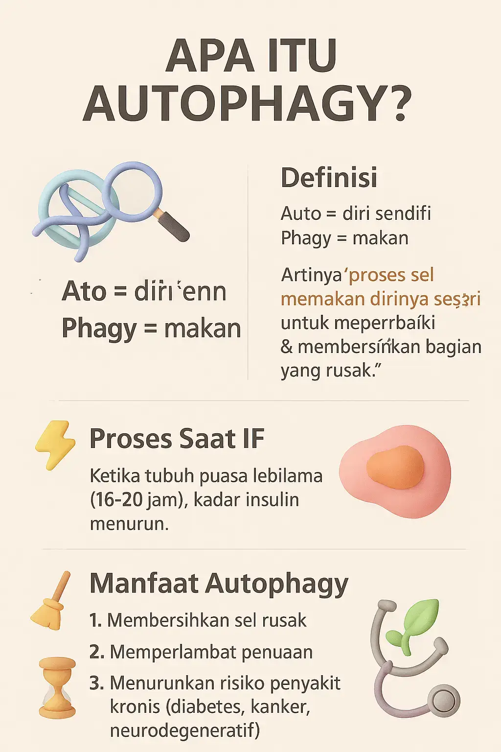 🧬 Apa Itu Autophagy? Autophagy berasal dari bahasa Yunani: Auto = diri sendiri Phagy = makan 👉 Artinya: proses sel memakan dirinya sendiri untuk memperbaiki & membersihkan bagian yang rusak. ⚡ Saat puasa IF lebih lama (16–20 jam), insulin turun → tubuh masuk mode perbaikan. Sel tua/rusak dibersihkan & didaur ulang jadi energi baru. ✨ Manfaat Autophagy: 1. Membersihkan sel rusak 🧹 2. Memperlambat penuaan ⏳ 3. Menurunkan risiko penyakit kronis 🩺 4. Regenerasi sel lebih optimal 🌱 📌 Inilah alasan kenapa IF disebut bisa bikin tubuh lebih sehat & awet muda dari dalam. 👉 Like ❤️ kalau kamu baru tahu soal autophagy 👉 Save 📌 biar jadi ilmu penting 👉 Follow @coach.dewii untuk tips intermittent fasting lainnya #intermittentfasting #dietIF #autophagy #tipsdiet #dietsehat     