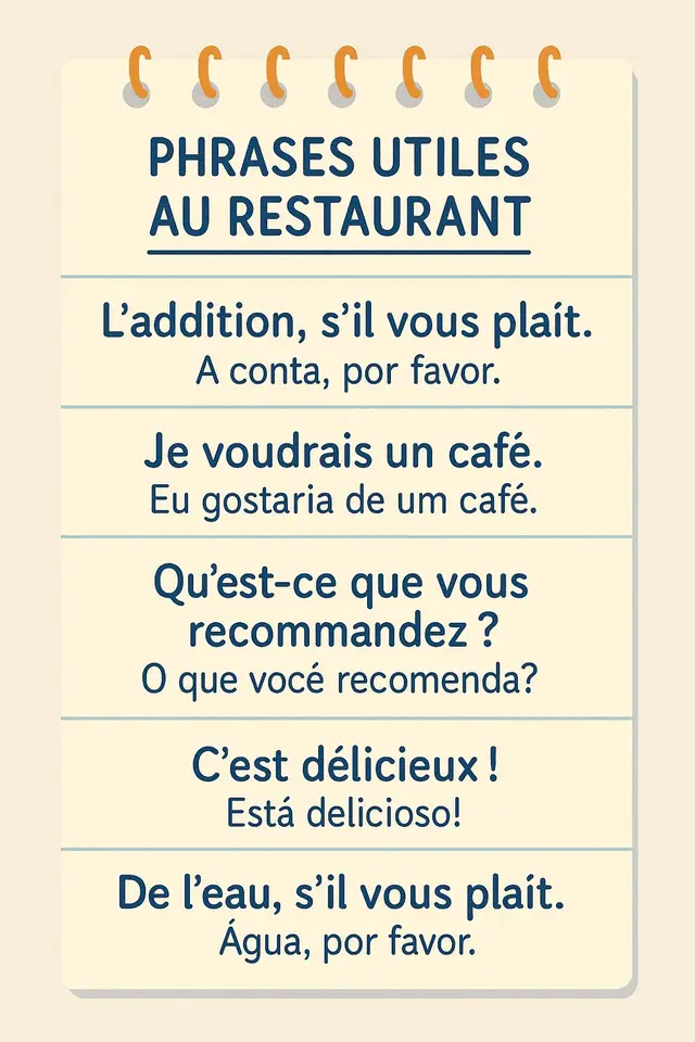📚 #Aprenda frases simples e úteis em francês para se virar em restaurantes, pedir com educação e elogiar a comida. Perfeito para viagens, praticar o idioma e viver experiências gastronômicas sem dificuldade! #tiktokidiomas #restaurant #francês #françaisfacile @Fátima Schulze 