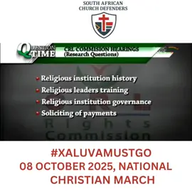SACD SPEAKS OUT❗ “Register or Go to Jail” – CRL Chairperson Threatens Pastors and Religious Leaders On public record, during a televised news interview, the Chairperson of the CRL Rights Commission, Thoko Mkhwanazi-Xaluva, was asked what would happen to religious leaders or pastor's who refuse to be registered. Her response was chilling: “You will have to register — or else you will go to jail.” Why This is a Direct Attack on Freedom Criminalizing the Call of God By threatening jail for those who do not register, the CRL is turning the sacred calling of pastors, prophets, and priests into a crime punishable by imprisonment. This is not religious accountability — it is religious persecution. Constitutional Violation Section 15 of the Constitution guarantees every citizen the right to freedom of religion, belief, and opinion. That right is not subject to licensing, registration, or the permission of the state. To demand registration under threat of jail is a direct violation of the Bill of Rights. Authoritarian Overreach This statement exposes the full intention of the CRL agenda: to police the Church, silence dissenting voices, and make faith a state-controlled activity. SACD’s Position We reject the criminalization of pastors who do not register with the CRL. We reject state licensing of religion in all forms — no government has the authority to approve or disapprove a spiritual calling. We condemn the intimidation of religious leaders through threats of prison. Our Call The South African Church Defenders (SACD) declare with urgency: No pastor should ever face jail for preaching the Gospel. Parliament must urgently distance itself from this unconstitutional agenda. Christians must stand united against the criminalization of faith. ✝️ For Christ. For Freedom. For the Church.