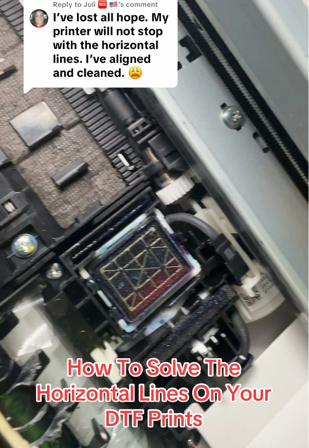 Replying to @Juli 🆘 🇺🇸 How To Solve Horizontal White Lines In Your DTF Prints #customtshirt #tshirtbusiness #dtfprinting #dtftransfers #tshirtprinting 