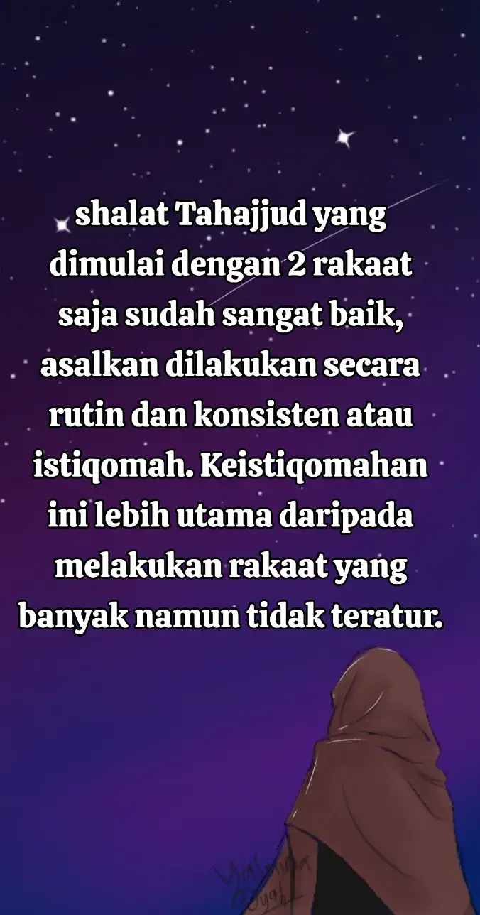 #tahajud #sholattahajud #sholat  Shalat Tahajjud yang konsisten memiliki banyak keutamaan, termasuk mendekatkan diri kepada Allah SWT, dikabulkannya doa, dan diangkat derajatnya.  Mengapa Istiqomah Itu Penting? Mendekatkan Diri kepada Allah: Keistiqomahan dalam ibadah menunjukkan kesungguhan hati untuk mendekatkan diri kepada Allah SWT.  Membangun Kebiasaan Baik: Memulai dengan jumlah rakaat yang sedikit (seperti 2 rakaat) membantu membangun kebiasaan yang baik dan tidak membebani diri secara berlebihan.  Mendapat Keutamaan yang Besar: Rasulullah SAW bersabda bahwa shalat malam yang paling utama setelah shalat fardhu adalah shalat malam (Tahajjud).  Tips Memulai dan Menjaga Istiqomah:  1. Perkuat Niat dan Tekad: Niat yang kuat adalah kunci utama untuk menjalankan ibadah dengan baik. 2. Tidur Lebih Awal: Salah satu cara agar mudah bangun untuk Tahajjud adalah dengan tidur lebih awal. 3. Mulai dengan Sedikit Rakaat: Jangan memaksakan diri, mulailah dengan 2 rakaat dan tingkatkan secara bertahap seiring waktu. 4. Gunakan Alarm atau Pengingat: Gunakan alarm atau pengingat di ponsel dan letakkan agak jauh dari tempat tidur untuk memastikan Anda benar-benar bangun. 5. Libatkan Orang Lain: Ajak keluarga atau teman untuk saling mengingatkan agar dapat membangun kebiasaan yang baik bersama. 6. Berdoa Meminta Kemudahan: Mintalah pertolongan dan kemudahan dari Allah SWT agar dapat melaksanakan shalat Tahajjud dengan istiqomah.
