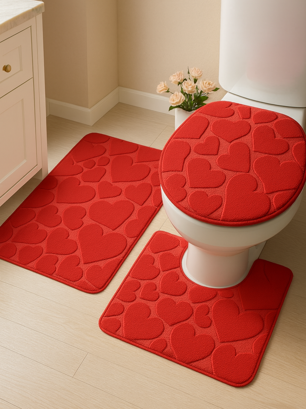 Kit Tapete Banheiro 3 Peças Floral 3D Com Base Antiderrapante #tapete #banheirodecorado #tapetebanheiro