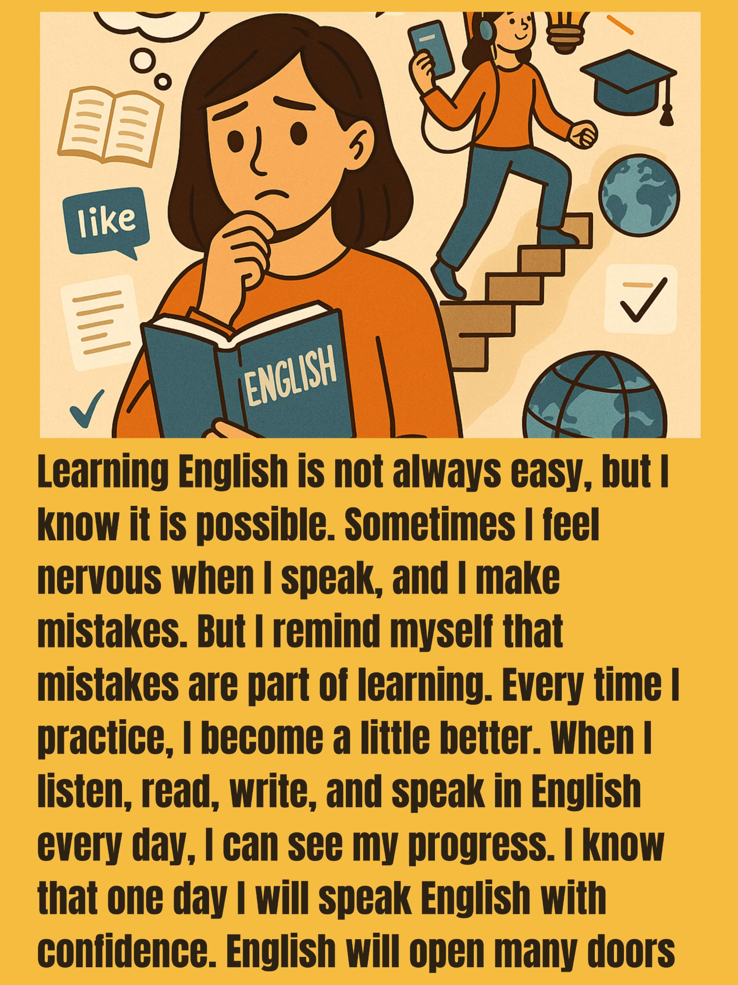 My English Journey: Step by Step to Confidence Learning English is a journey full of practice, mistakes, and progress.  Every word brings me closer to confidence, new friends, and amazing opportunities.  Follow my journey and get inspired to keep going—your success is just a step away!  #EnglishJourney #LearnEnglish #Motivation #english #learnenglish #speakenglish #fyp