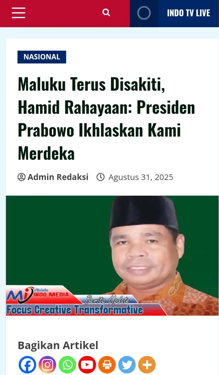 Ia menegaskan, jika Presiden Prabowo tidak segera membersihkan pemerintahan dari para perusak bangsa, maka janji-janji besar yang pernah disampaikan kepada rakyat hanya akan menjadi utopia. Lebih parah lagi, warisan yang ditinggalkan justru berupa catatan kelam bagi bangsa Indonesia. https://malukuindomedia.com/maluku-terus-disakiti-hamid-rahayaan-presiden-prabowo-ikhlaskan-kami-merdeka/