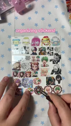 let's organize some stickers! i was gonna put it in my binder but i changed my mind :p #stickers #stickersheet #organization #mha #jjk 