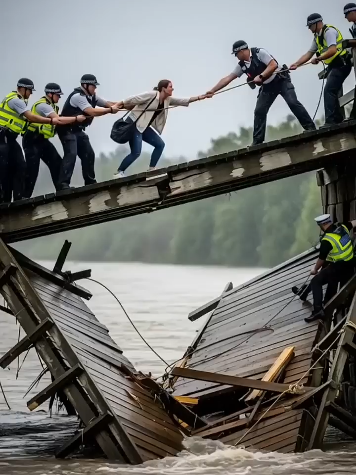 Police Form Human Chain  Save Woman on Collapsing Bridge #shorts #flood #disaster #viral #fyp #Love
