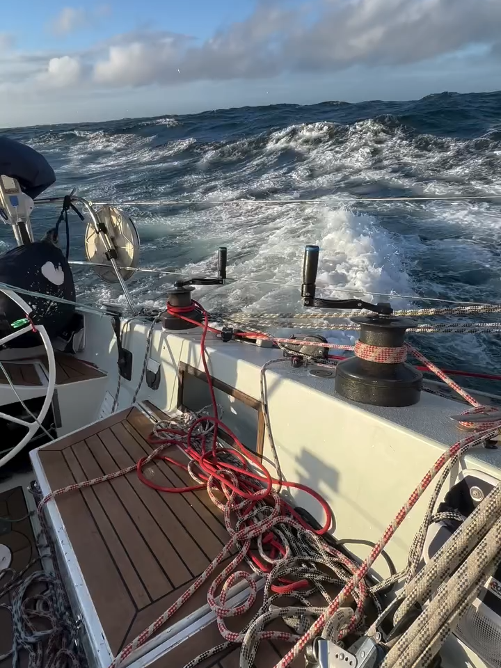 30 knots on the beam somewhere between Faroe Islands and Shetland Its bumpy and challenging, just the way I like it Also theis a big asset for safety singlehanded underway. Love it! #nbjs #fa#fyp
