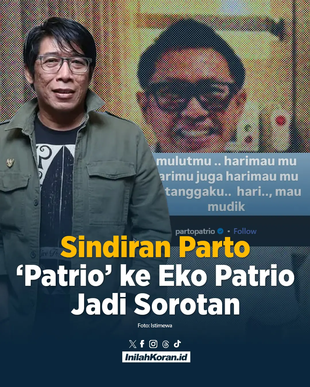Usai mendapat kecaman publik karena dinilai kurang berempati terhadap kondisi masyarakat, komedian sekaligus anggota DPR RI Eko Patrio akhirnya membuat video permintaan maaf. Namun, isu semakin ramai setelah rekannya sesama komedian, Parto ‘Patrio’, diduga menyindir Eko lewat unggahan di media sosial. Dalam postingannya, Parto menuliskan kalimat yang diduga sindiran: “Mulutmu harimaumu, jarimu juga harimaumu tetanggaku hari mau mudik.” . #partopatrio #ekopatrio #beritaviral #sindirankeras  #DPR 