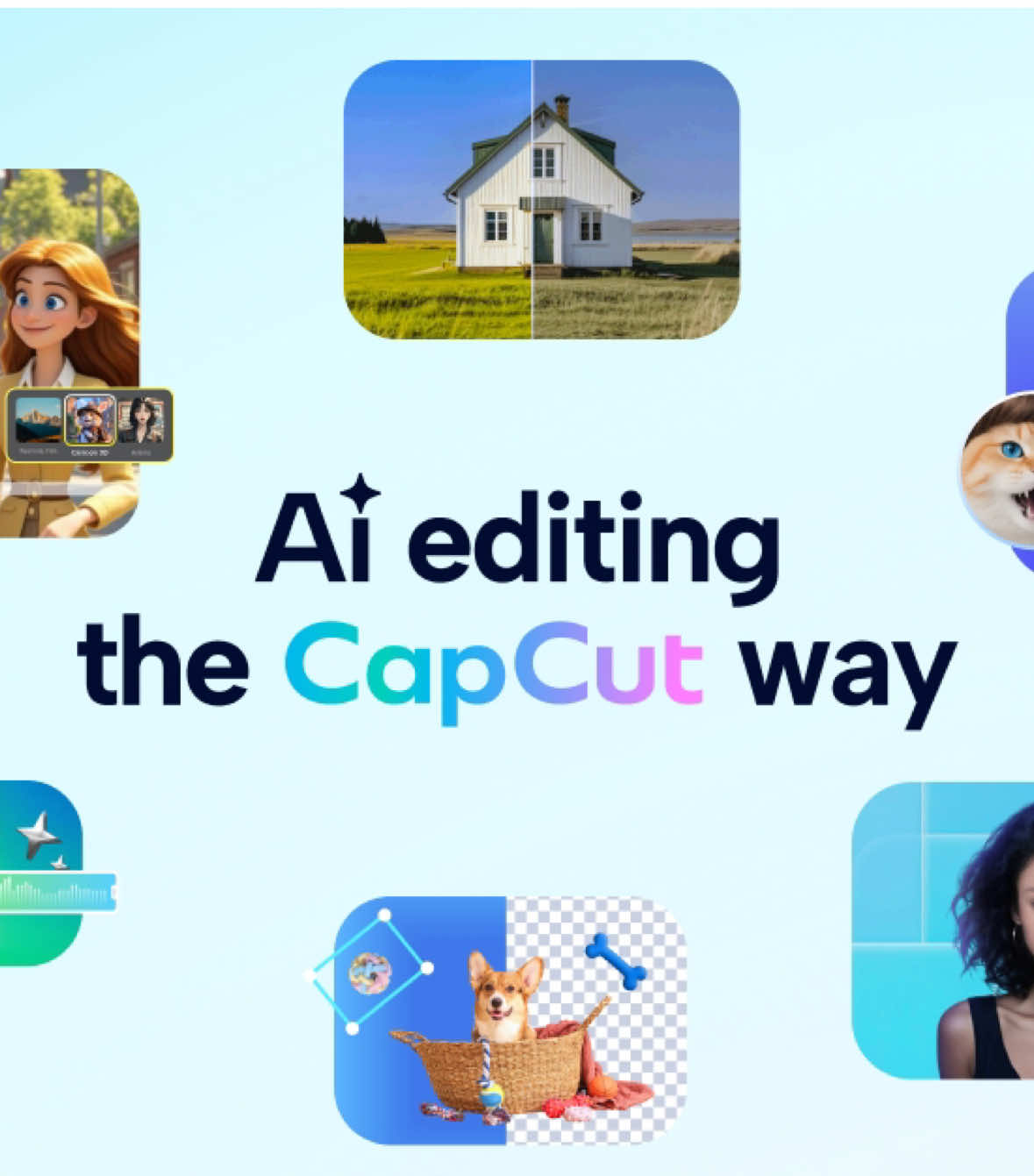 The future of editing is already in your pocket. Introducing AI editing the CapCut way. Our full suite of AI tools are built to make your creative journey simpler, more powerful, and smarter. From auto edits to AI characters, smart cuts and instant translations, and generative visuals - our AI tools give you new ways to create.   Your ideas, our tools. Get inspired to create something new with #CapCutAI.