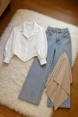 Tampil chic dan nyaman dengan kombinasi sempurna! Blus putih elegan dengan potongan unik dipadukan celana jeans light blue yang santai namun tetap modis. Cocok untuk daily look atau hangout bersama teman. Tambahkan sentuhan scarf warna nude untuk gaya yang lebih menawan!#OOTD #FashionWanita #DailyOutfit #GayaCasual #BlouseJeansSet