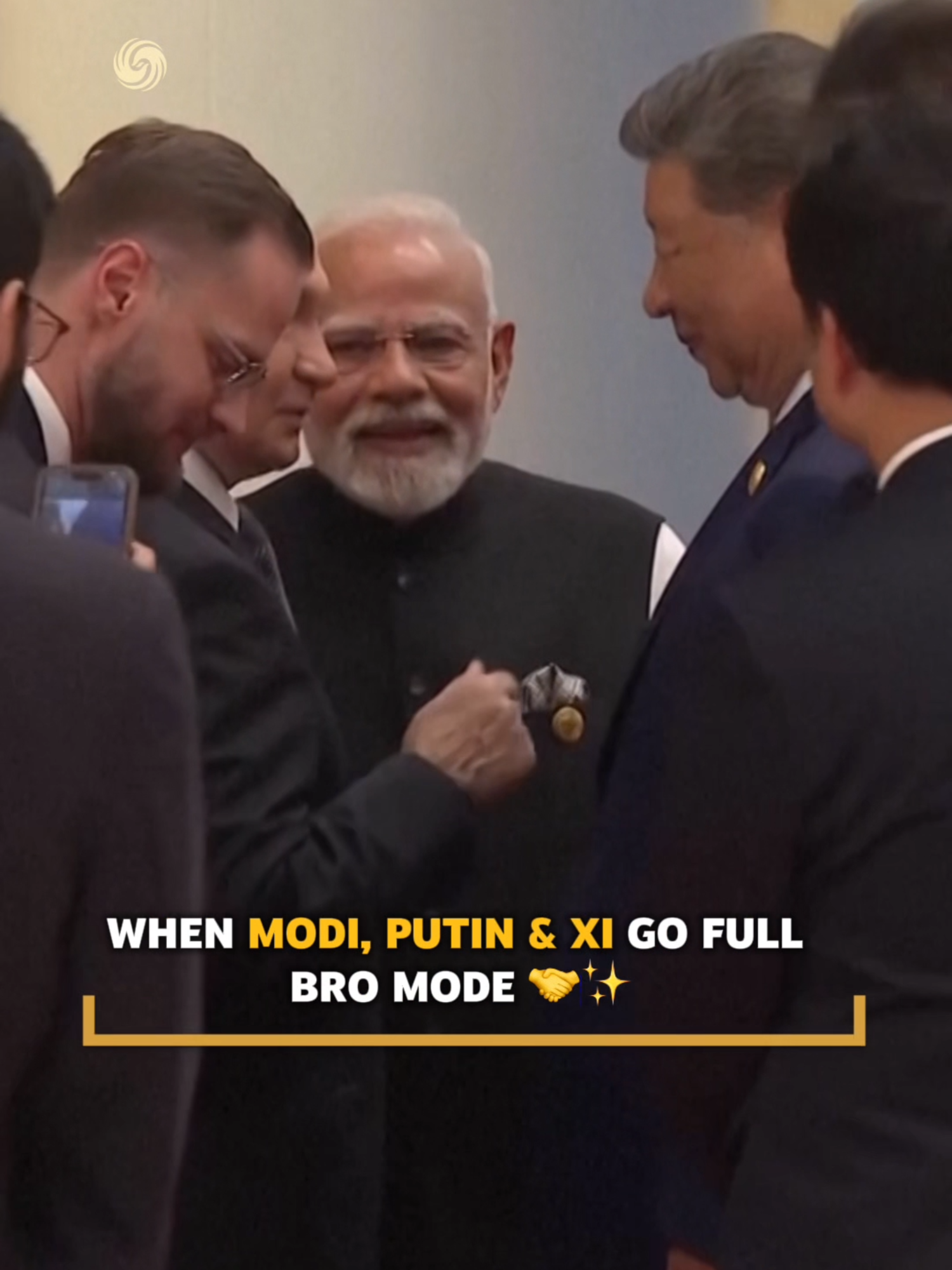 MOMENT: At the SCO Summit in Tianjin, Chinese President Xi Jinping, Russian President Vladimir Putin, and Indian Prime Minister Narendra Modi were seen standing hand-in-hand before the official group photo. The three leaders huddled together in animated conversation, with Modi breaking into frequent hearty laughter. #putin #modi #SCOsummit #xijinping #PoliTainment
