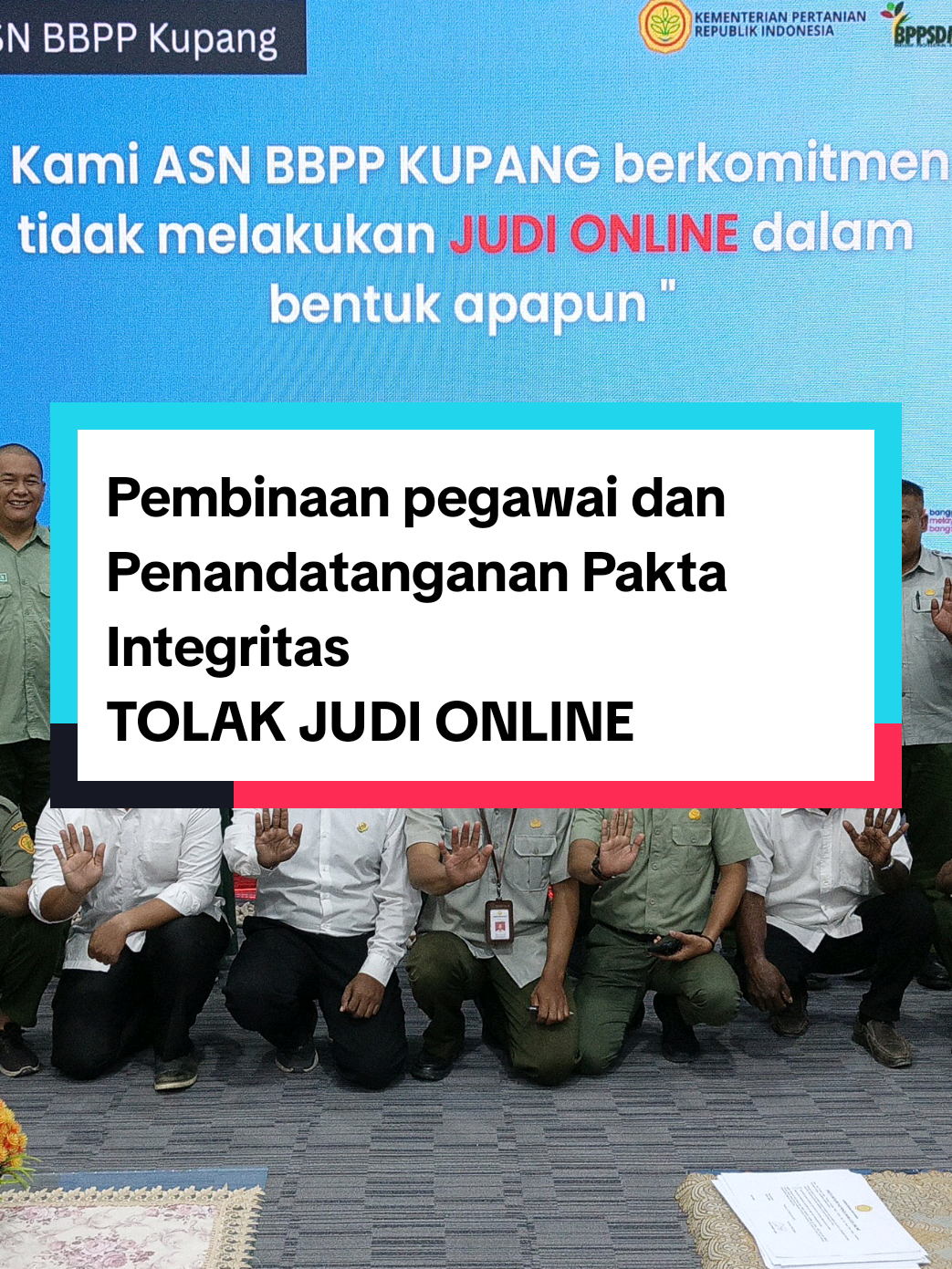 BBPP Kupang berkomitmen untuk tolak aksi perjudian dalam bentuk apapun, khususnya di kalangan ASN BBPP Kupang.  Untuk itu, BBPP Kupang gelar sosialisasi, pembinaan pegawai dan penandatanganan Pakta integritas dalam rangka Tolak Judi Online, Senin (1/9) pagi.    #kementerianpertanian #bppsdmp #puslatan #bbppkupang #tolakjudi 