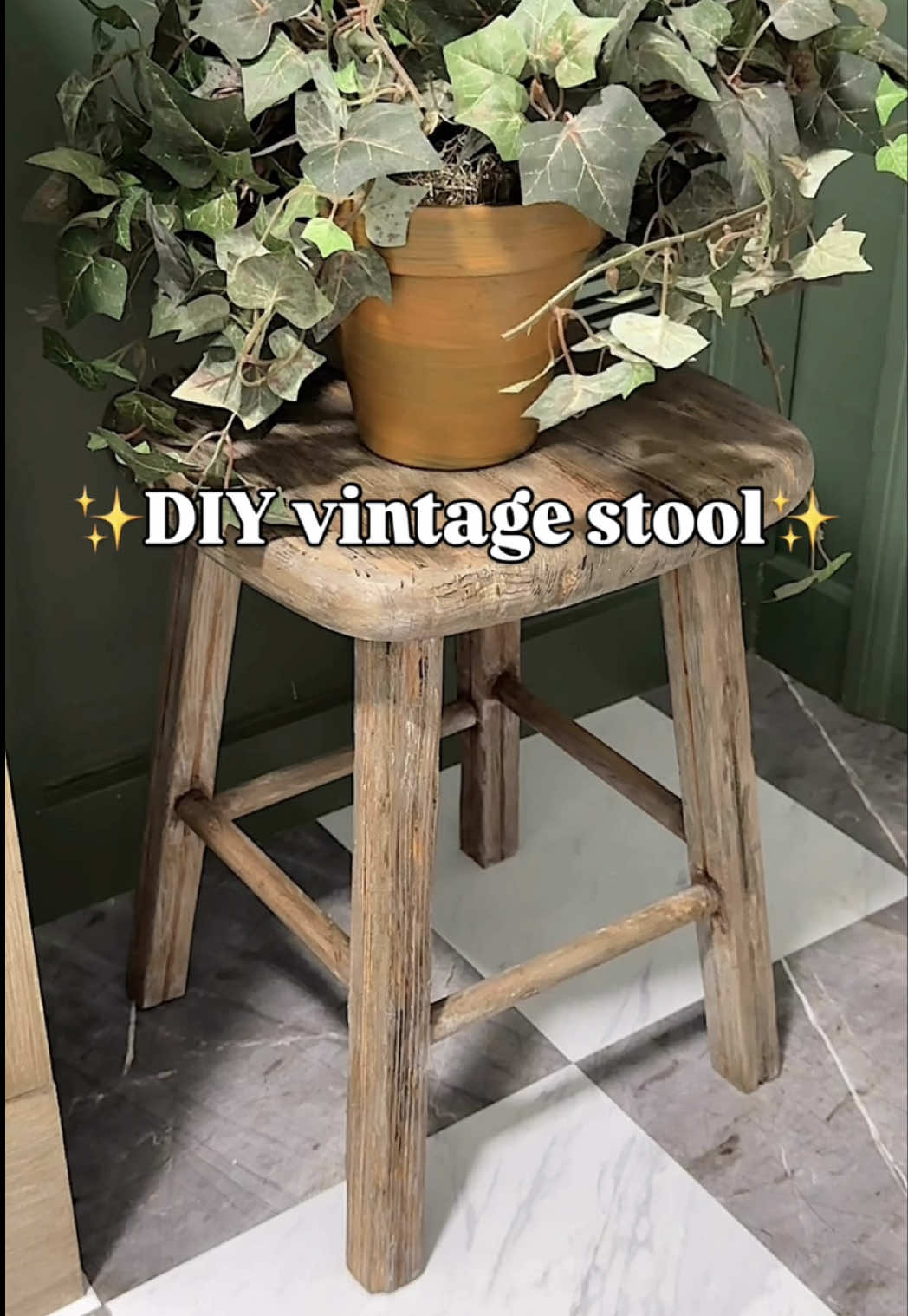 When in doubt, grab the stool!✨ Here’s how: ✨Cut off some leg length ✨Sanded the old finish  ✨Added some aged charm (use what you have—just beat it up!) ✨Wiped on some stains then aging waxes  Would you have left it tall or gone mini too? #thriftflip #diyideas #thriftedfurniture  #upcycledfurniture #vintagevibes