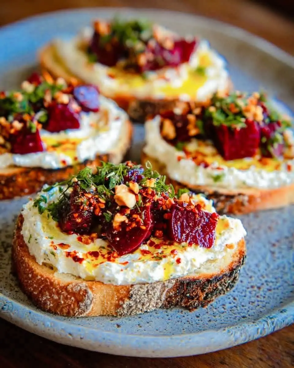 Spicy Whipped Feta with Honey, Chili Crunch & Roasted Beets Ingredients: 1 cup (150 g) feta cheese ½ cup (120 g) Greek yogurt 1 tablespoon (15 ml) olive oil 1 tablespoon honey 1 teaspoon crushed chili flakes or chipotle chili 2 medium beets (about 400 g), peeled and cubed 1 tablespoon (15 ml) olive oil (for roasting beets) Salt and freshly ground black pepper, to taste Fresh herbs (parsley or thyme), for garnish Optional: toasted nuts for crunch Directions: Preheat oven to 400°F (200°C). Toss beet cubes with olive oil, salt, and pepper. Roast for 25–30 minutes until tender. In a food processor, blend feta, Greek yogurt, and olive oil until smooth and creamy. Spread whipped feta on a serving platter, top with roasted beets, drizzle honey over, and sprinkle with chili flakes. Garnish with fresh herbs and toasted nuts if desired. Serve immediately with bread, crackers, or vegetables. Prep Time: 10 minutes Cooking Time: 30 minutes Total Time: 40 minutes Kcal: ~280 per serving Servings: 4