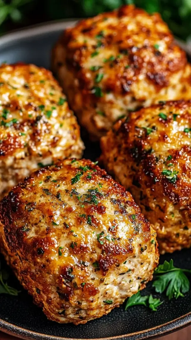 Garlic Parmesan Chicken Meatloaves Ingredients (makes 4–6 mini loaves): 1 lb (450g) ground chicken 1/2 cup breadcrumbs (Italian or plain) 1/2 cup grated Parmesan cheese 1 large egg 3 cloves garlic, minced 1/4 cup onion, finely chopped 1/4 cup fresh parsley (or 1 tsp dried) 1/2 tsp Italian seasoning 1/2 tsp salt 1/4 tsp black pepper 1/4 cup milk Topping: 2 tbsp melted butter 2 cloves garlic, minced 1/4 cup grated Parmesan 2 tbsp chopped parsley Instructions: 1. Preheat oven to 375°F (190°C). Line a baking sheet with parchment. 2. In a bowl, mix ground chicken, breadcrumbs, Parmesan, egg, garlic, onion, parsley, seasonings, and milk until combined. 3. Shape mixture into mini meatloaves (about 4–6). Place on baking sheet. 4. Bake for 25–30 minutes, until cooked through (internal temp 165°F / 74°C). 5. While baking, mix melted butter, garlic, Parmesan, and parsley for topping. 6. Brush topping over meatloaves in the last 5 minutes of baking. 7. Serve hot with mashed potatoes, pasta, or roasted veggies.