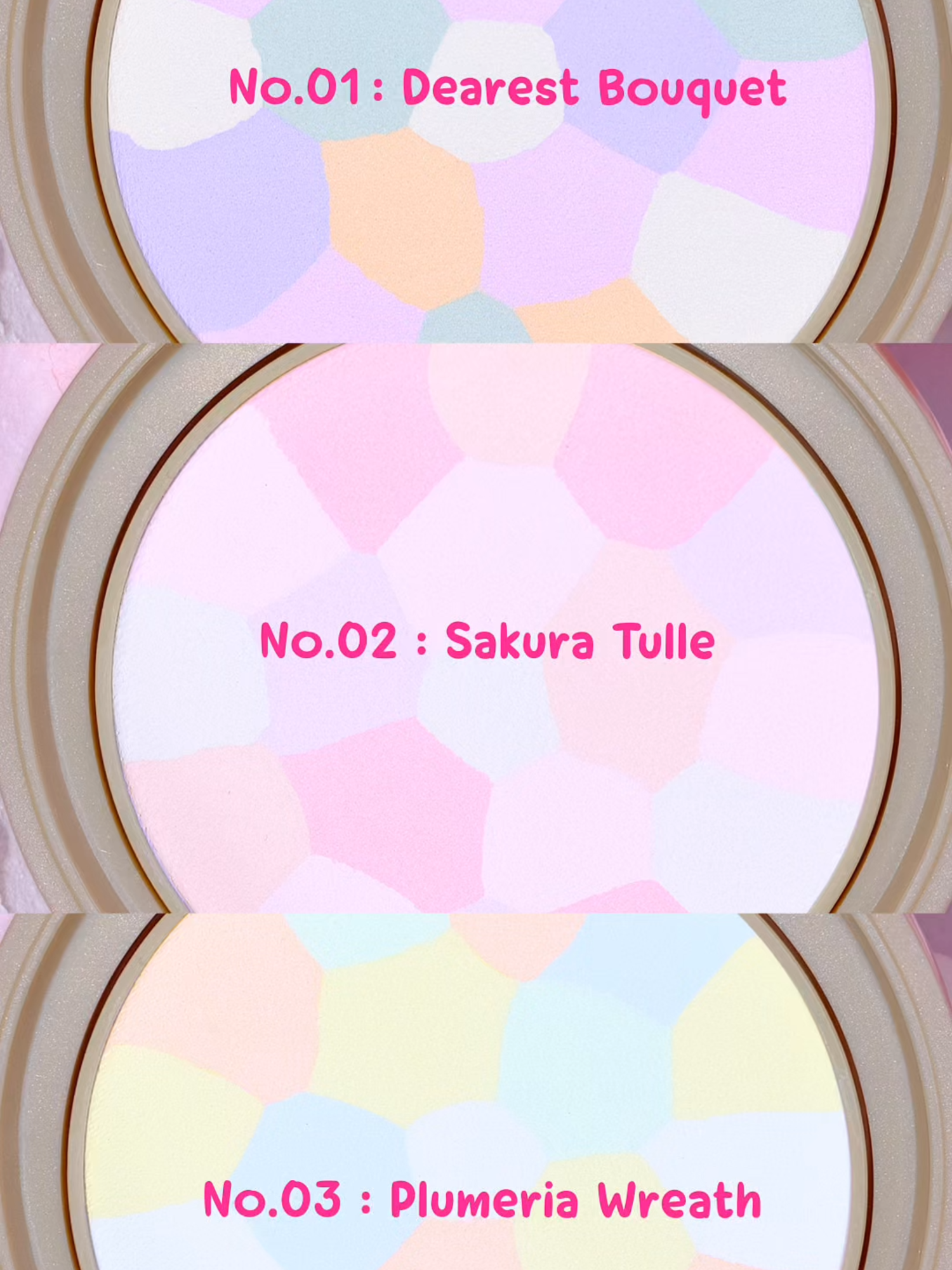 CANMAKE Marshmallow Finish Powder ~ Abloom ~ 💜 01 Dearest Bouquet 💗 02 Sakura Tulle 💛 03 Plumeria Wreath .#CANMAKEThailand  #IlluminatingFinishPowderabloom
