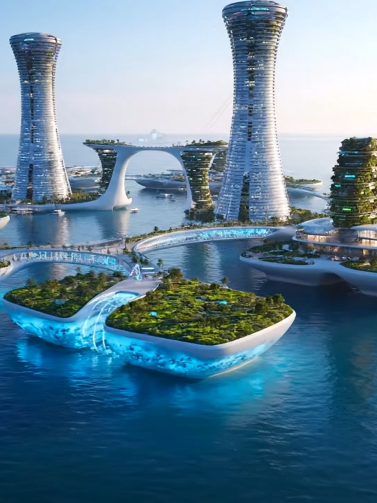 Futuristic Floating City View What if cities like Venice, Italy, could not only survive but thrive in a future of changing sea levels? This #TechTuesday design imagines a futuristic floating city, designed with sustainability and resilience at its core. It's a creative exploration of architectural solutions for environmental challenges, blending cutting-edge tech with the timeless beauty of a city on water.  #AI #FloatingCity #ClimateAdaptation #VirtualVoyager #OceanArchitecture