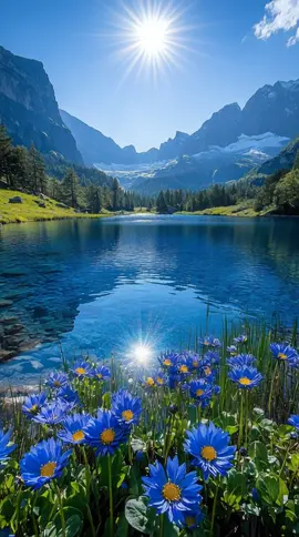 ✨ Nature’s masterpiece 💙 Crystal-clear waters, wildflowers in bloom, and mountains touching the sky 🏔️🌸 Pure peace. #NatureVibes #MountainMagic #Wanderlust #ScenicViews #TravelInspo