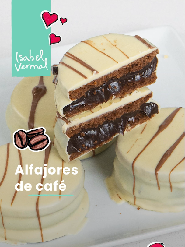 Alfajores de café con baño de chocolate blanco Masa de alfajor (tapas) Ingredientes 150 gr Manteca / mantequilla sin sal (pomada) 50 gr Azúcar blanca común 50 gr Miel (de abejas) 1 cdita Esencia de vainilla Ralladura de 1/2 limón Ralladura de 1/2 naranja 1 Huevo 250 gr Harina 0000 (o la más refinada que consigas) 50 gr Almidón de maíz / maicena 1 cdta Polvo de hornear 1/2 cdta Bicarbonato de sodio 20 gr Cacao amargo (de repostería) Ganache de café (relleno) Ingredientes 100 ml Crema de leche (para batir) / nata (alto contenido graso) 150 gr Chocolate cobertura semi amargo (en moneditas o picado) 20 ml Café bien intenso (espresso, filtro o instantáneo fuerte) 1/4 cdita Canela molida Bañado de chocolate blanco Ingredientes (elegí una opción) Opción 1 (sin templado): 400 gr Baño de repostería blanco (solo derretir) Opción 2 (templado): 400 gr Chocolate cobertura blanco + 40 gr Manteca de cacao (10% del peso del chocolate) #pasteleria #panaderia #reposteria #patisserie #pastry #bakery #pastel #torta #tortas #pastrychef #pastrylove #chef #reposteriacreativa #food #sweet #cake #cakes #dulce #dulces #dessert #homemade #pasteleriaartesanal #pasteleriacreativa #isabelvermal #yummy #hacelotuyo #hacelatuya #moldesisabel vermal #moldesisa