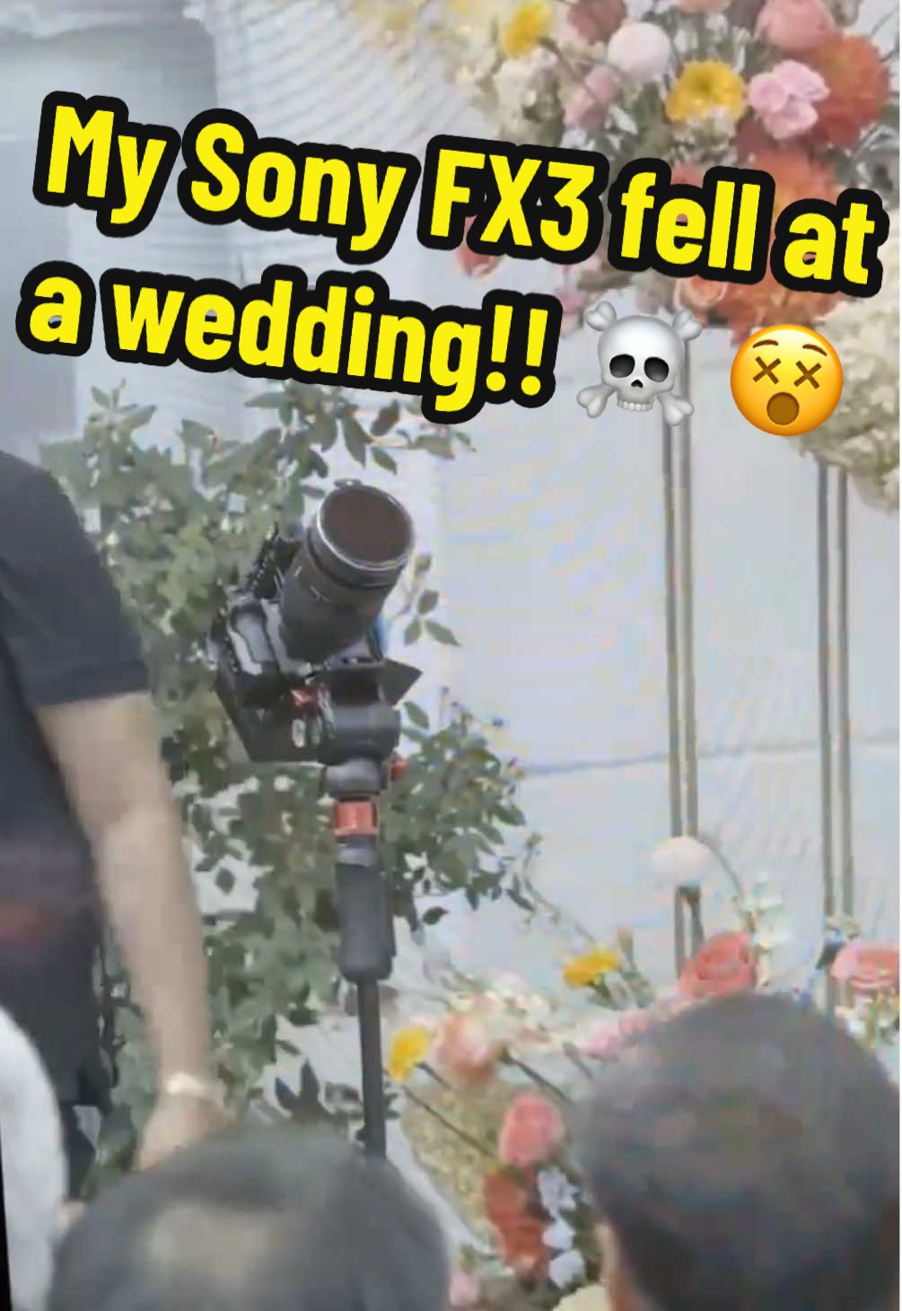 I left my monopod unattended for a second and forgot to lock the tilt. BOOM my @Sony FX3 + 28-70 Gmaster fell crashing down. Luckily the @SmallRig V-mount battery absorbed most of the fall. Camera and lens remained intact 😮‍💨  #wedding #weddingtiktok #sonyfx3 #weddingvideographer #weddingtok 