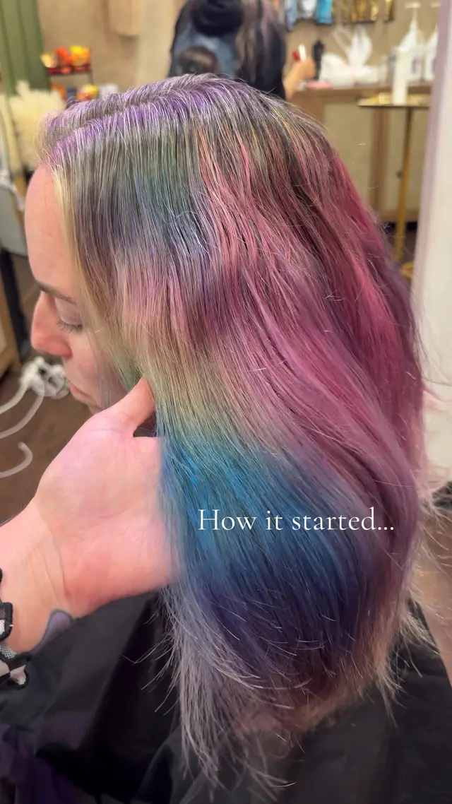 Need I say anything else... #beforeandafter #hairtok #rainbowhair #hairstylist 