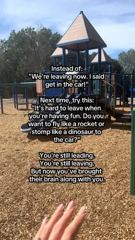 🚗✨ Parenting hack for smoother transitions: It’s not about giving in… it’s about bringing their brain along for the ride. Instead of: ❌ “We’re leaving now. I said get in the car!” Try: ✅ “It’s hard to leave when you’re having fun. Do you want to fly like a rocket 🚀 or stomp like a dinosaur 🦖 to the car?” You’re still leading. You’re still leaving. But you’ve turned resistance into connection 💡 Because when kids feel like part of the plan → cooperation flows. 💕