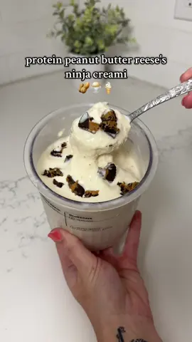 My go-to while on my ✨90lbs✨ weightloss journey ⬇️ FULL RECIPE ⬇️ 315 calories 32g of protein Protein peanut butter reese's ice cream🍨 1 bottle of vanilla Fairlife core power protein shake 2 tsp of sugar free vanilla pudding mix 2 tsp of PB Fit powdered peanut butter  As much 0 calorie Lakanto Monk Fruit sweetener as you want Mix-ins: 2 Unreal peanut butter cups 315 cal | 32g P, 12g F, 22g C Follow for more of my fav @Ninja Kitchen creami recipes 😋 #weightloss #ninjacreami #lowcalorie #Fitness #foodtiktok 