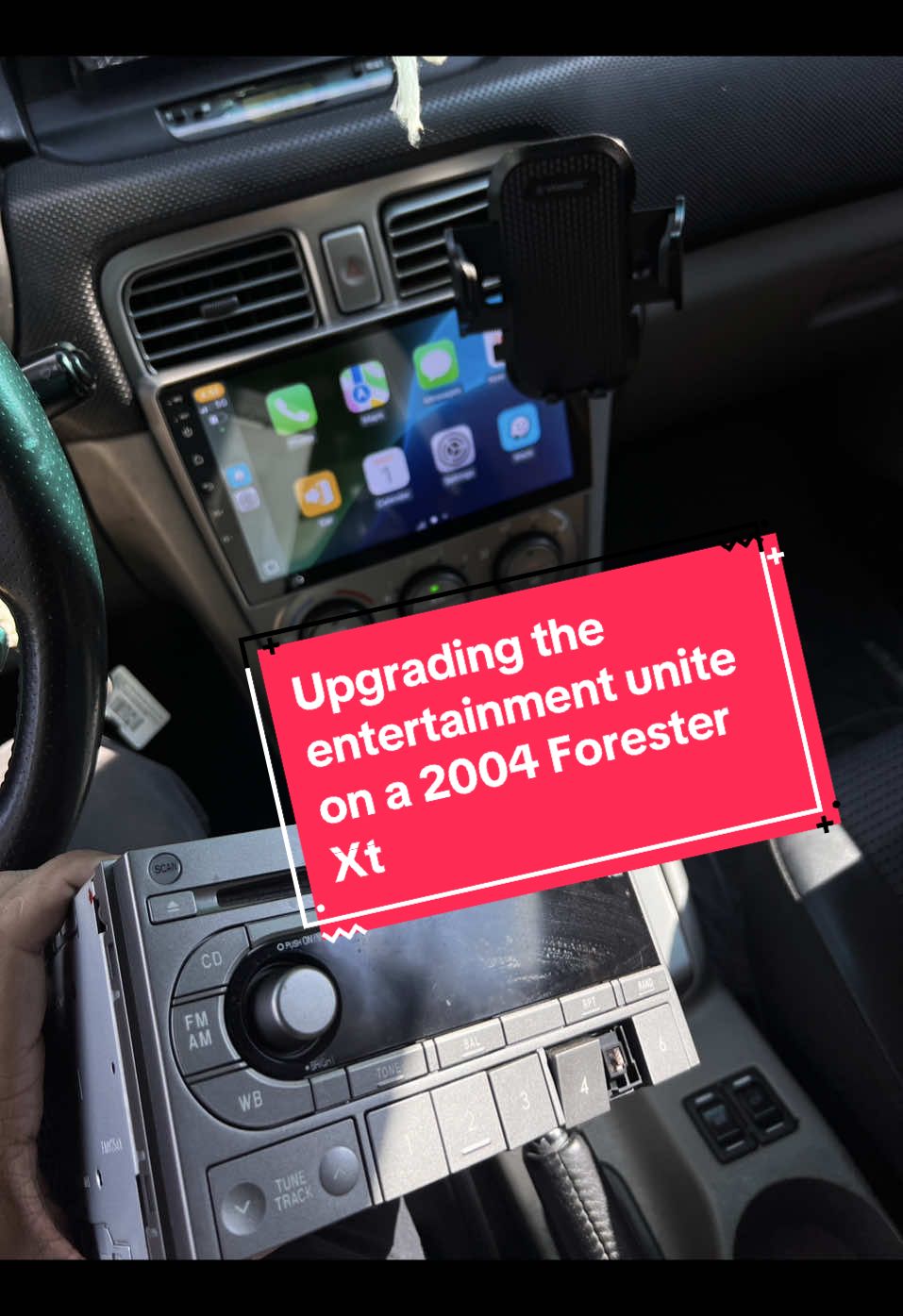 Out with the old CDs, in with Apple CarPlay 📱🚙 Finally upgraded the Forester’s head unit so I can bump my YouTube playlists + use Waze on the daily drive. Reverse cam can wait 😂 #CarPlay #HeadUnitUpgrade #SubaruForester #CarMods #DailyDriver 