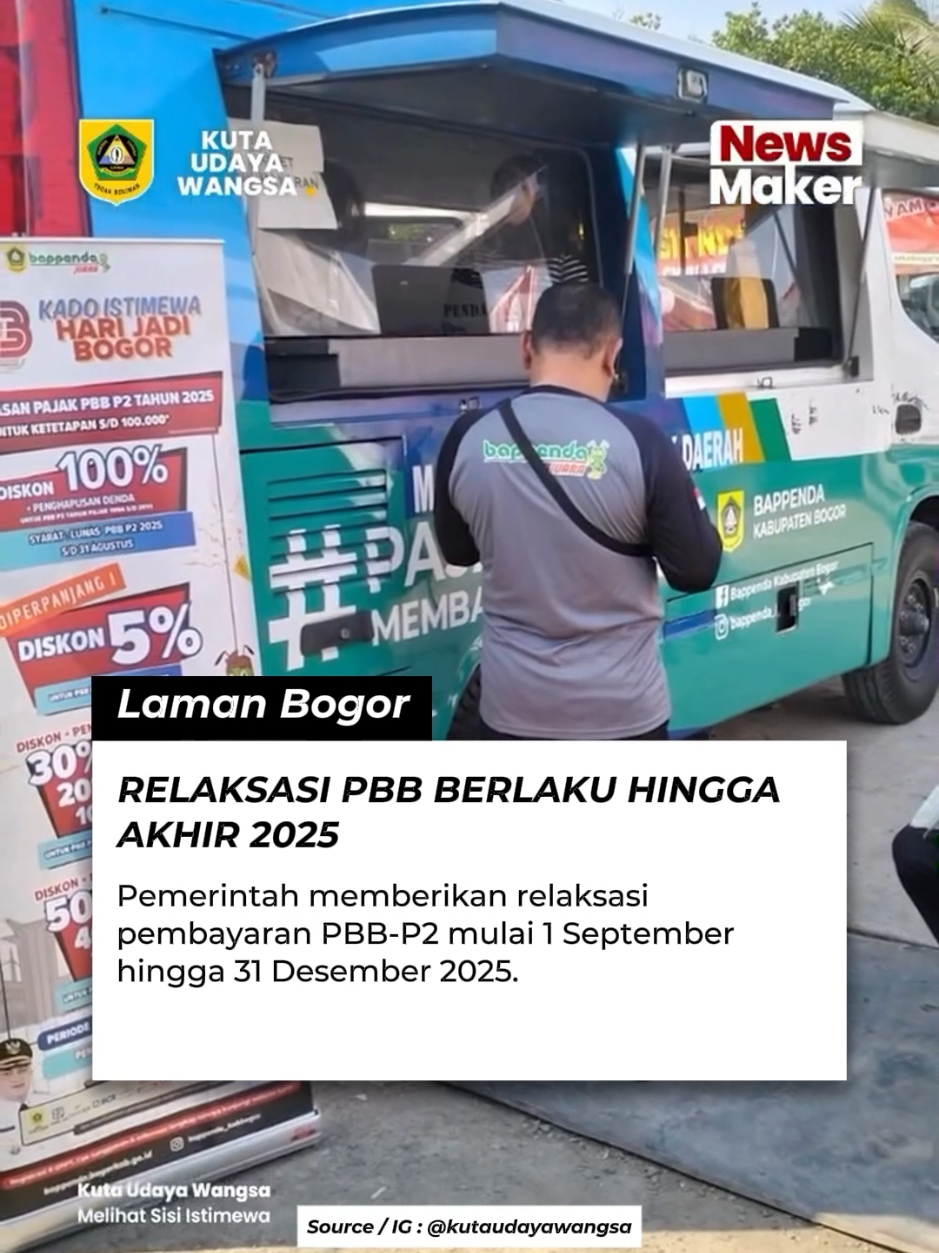 Pemerintah memberikan relaksasi pembayaran Pajak Bumi dan Bangunan Perdesaan dan Perkotaan (PBB-P2) mulai 1 September hingga 31 Desember 2025. Program ini menghadirkan sejumlah keringanan bagi wajib pajak. Relaksasi tersebut mencakup diskon 100 persen untuk tunggakan PBB tahun sebelumnya, dengan syarat PBB tahun 2025 telah dilunasi. Selain itu, seluruh denda keterlambatan juga dihapus. Tak hanya itu, tagihan PBB di bawah Rp100 ribu otomatis dibebaskan. Masyarakat pun diberi kemudahan dalam pembayaran, baik melalui bank BJB, BRI, BCA, marketplace online, maupun minimarket terdekat. Pemerintah mengimbau masyarakat memanfaatkan program relaksasi ini sebelum batas akhir pada 31 Desember 2025. #LamanBogor #PBB
