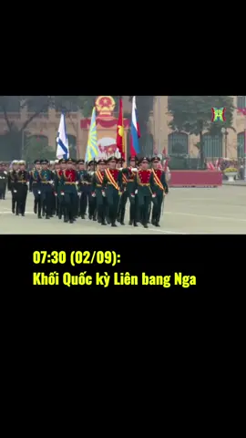 07:30 (02/09): Khối Quốc kỳ Liên bang Nga Hộ tống khối Quốc kỳ là đội tiêu binh danh dự đại diện cho ba quân chủng của Lực lượng Vũ trang Nga: Lục quân, Lực lượng Hàng không Vũ trụ và Hải quân. Đội hình tiêu binh danh dự là những quân nhân ưu tú, tuyển chọn từ nhiều vùng miền trên toàn nước Nga. #kientiger #viral #dieubinha80 #dieuhanha80 #quockhanh2thang9   