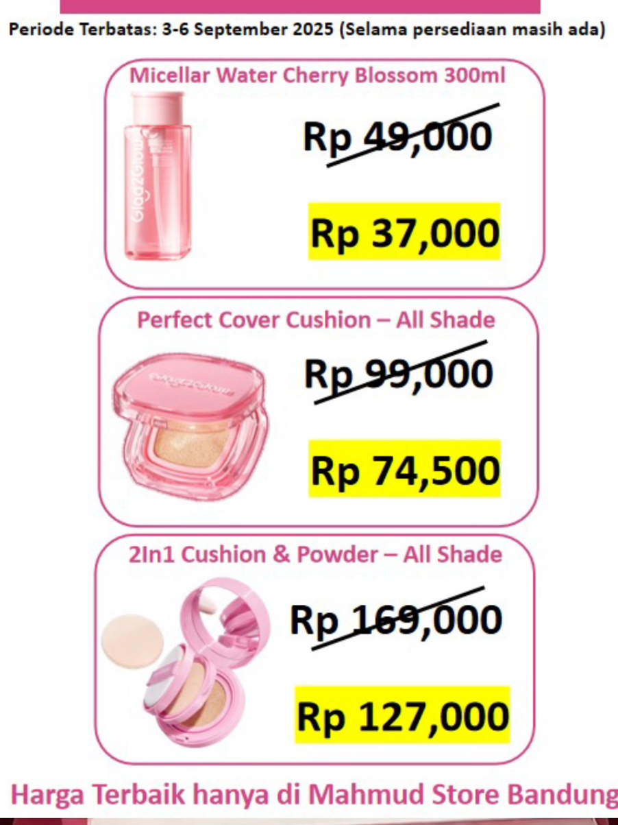 WOW KAPAN LAGI GLAD2GLOW PROMO SADIS SELECTID ITEM😱‼️ Periode tanggal 3 - 6 September🗓️ Jangan sampai kehabisan gengss stock terbatasss‼️ Ingat harga termurah hanya di Toko Mahmud Cosmetik📍 #fyp #g2g #promo #bandung #bandunghits