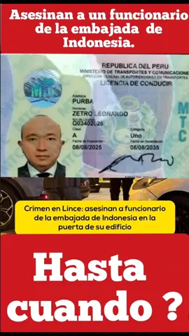 ASESINAN A  UN FUNCIONARIO DE INDONESIA. Cetro Leonardo Purba (40),  trabajador diplomático de la embajada de Indonesia en el Perú fue asesinado de varios disparos, del cual se descartó que se tratara de un robo por la frialdad del sicario para arrebatarle la vida. El sicario disparó a quemarropa contra el trabajador diplomático, luego que cayera por el primer impacto. Luego de ejecutar su crimen, el asesinó huyó a bordo de una moto que lo esperaba a pocos metros. Hasta cuando? Que esta pasando porque no PONEN MANO DURA CONTRA EL SICARIATO.