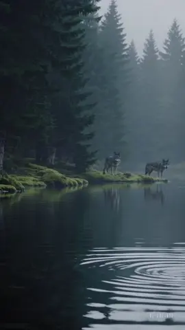 On the shore, shadows meet the mist #wolf #morning #cinematic #nature #epic 